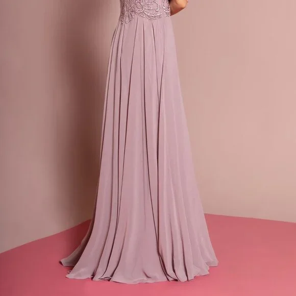 NEW LONG CHIFFON A-LINE DRESS WITH CAP SLEEVES EMBROIDERED WITH LACE GL2683 - Picture 13 of 13